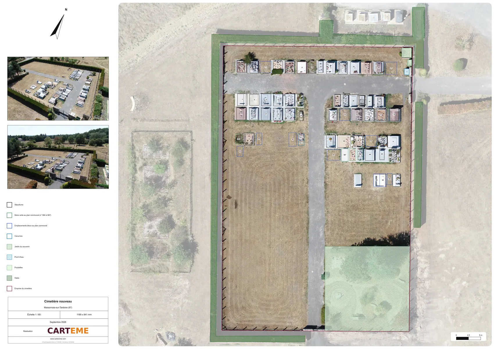 Le plan A0 du nouveau cimetière au 1/85 : orthophoto, emplacements numérotés, légende.