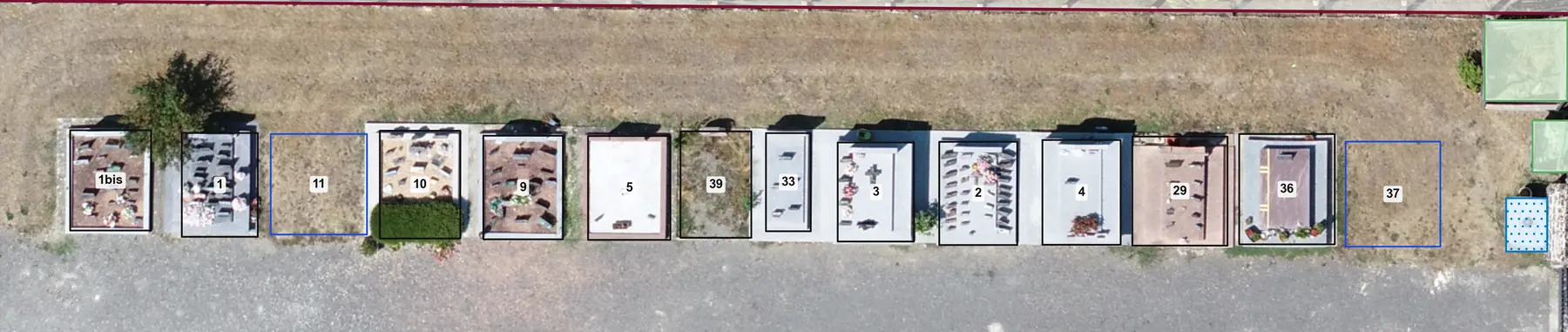 Détail du plan : la rangée nord du nouveau cimetière, numérotée comme au plan communal.