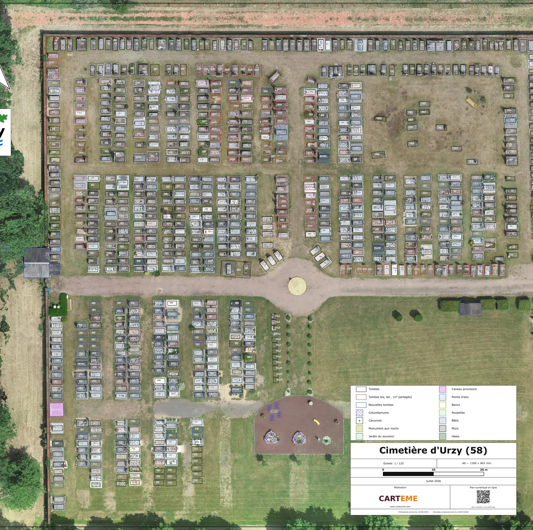 Le plan du cimetière d'Urzy : l'orthophoto et les emplacements vectorisés.