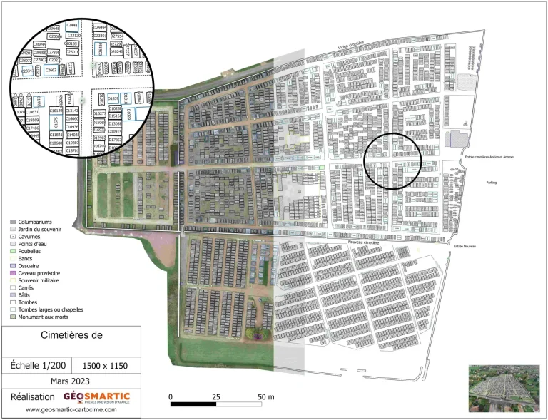 Plan vectorisé d'un cimetière avec loupe circulaire zoomant sur les concessions numérotées C2448, C2592, C2311, C2399 et C2795 — orthophoto drone à gauche, vectorisation SIG en couleur à droite, échelle 1/200.